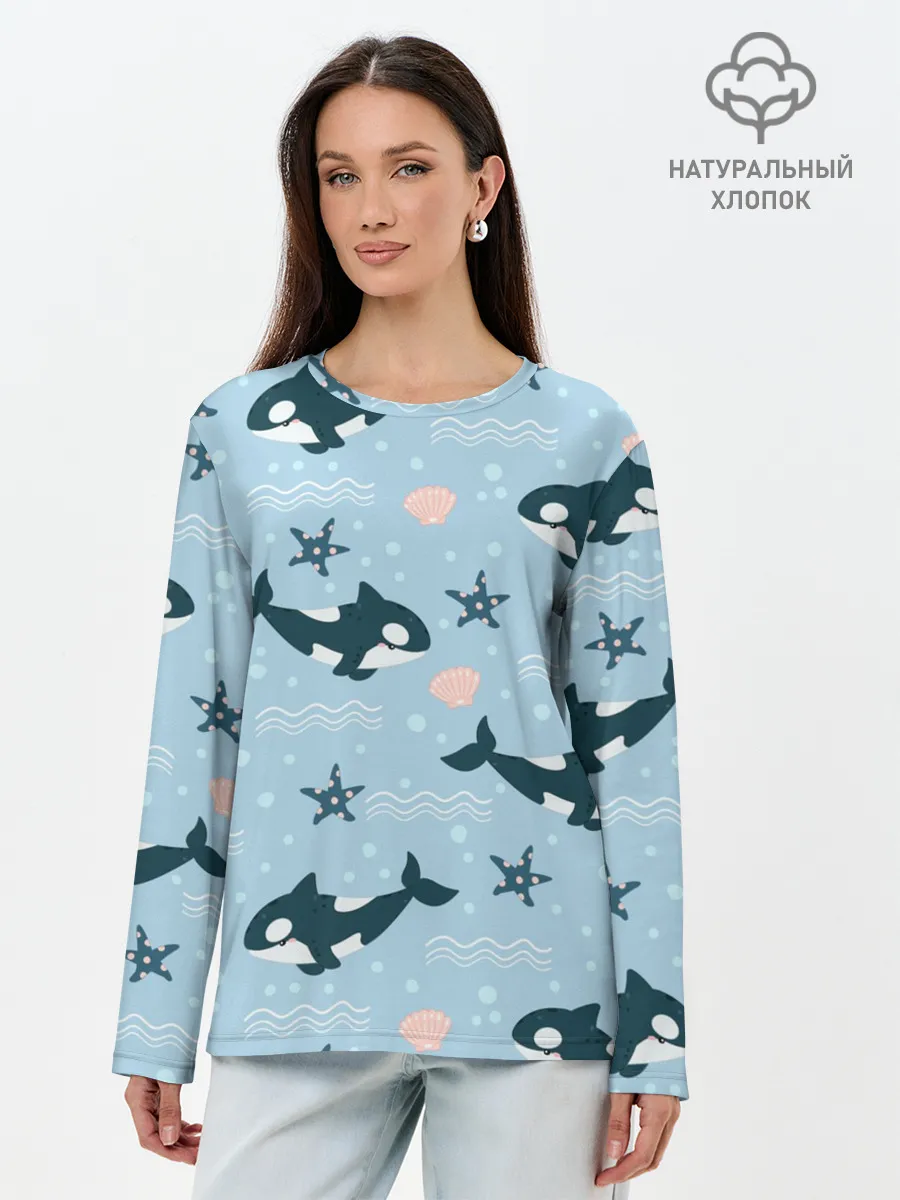 Лонгслив женский. Хлопок / Косатки киты