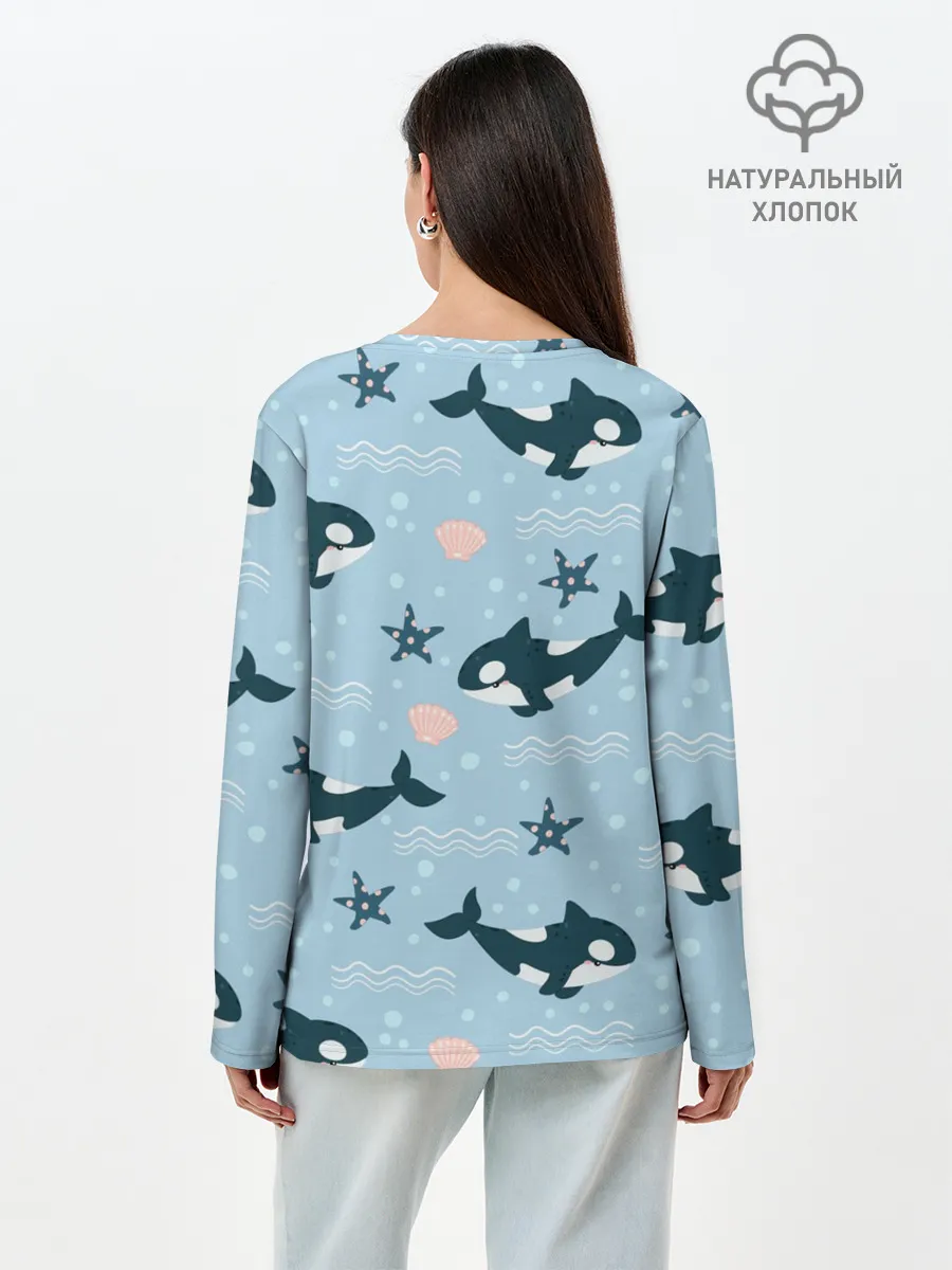 Лонгслив женский. Хлопок / Косатки киты
