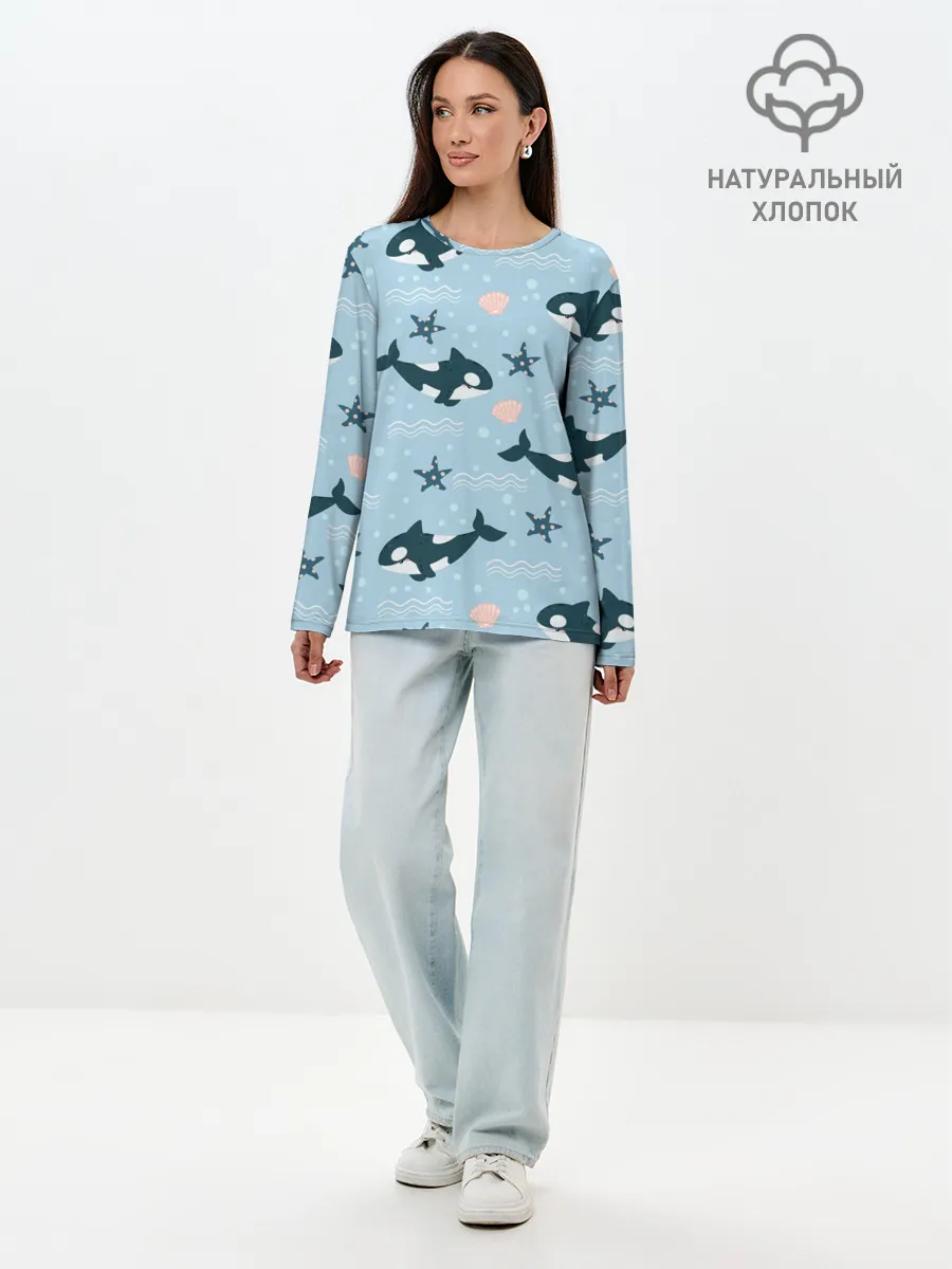 Лонгслив женский. Хлопок / Косатки киты