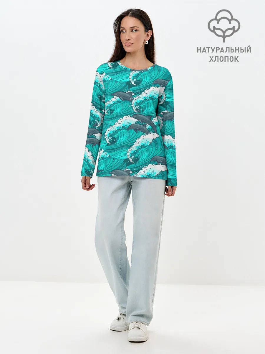 Лонгслив женский. Хлопок / Дельфины в море