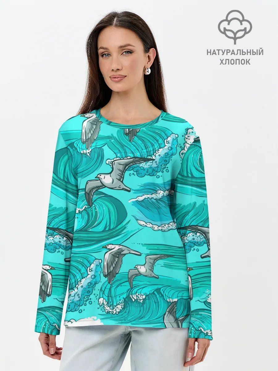 Лонгслив женский. Хлопок / Чайки в море