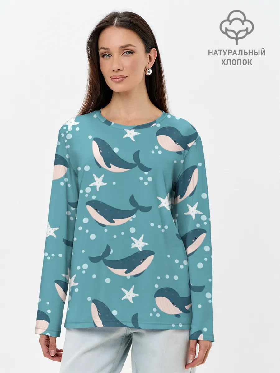 Лонгслив женский. Хлопок / Киты