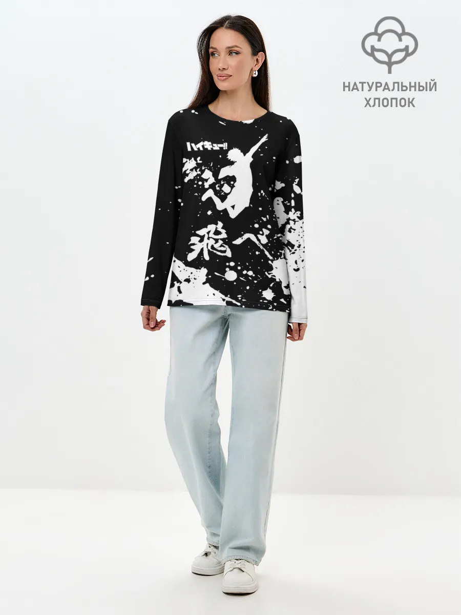 Лонгслив женский. Хлопок / Fly High Haikyu!! черно - белый