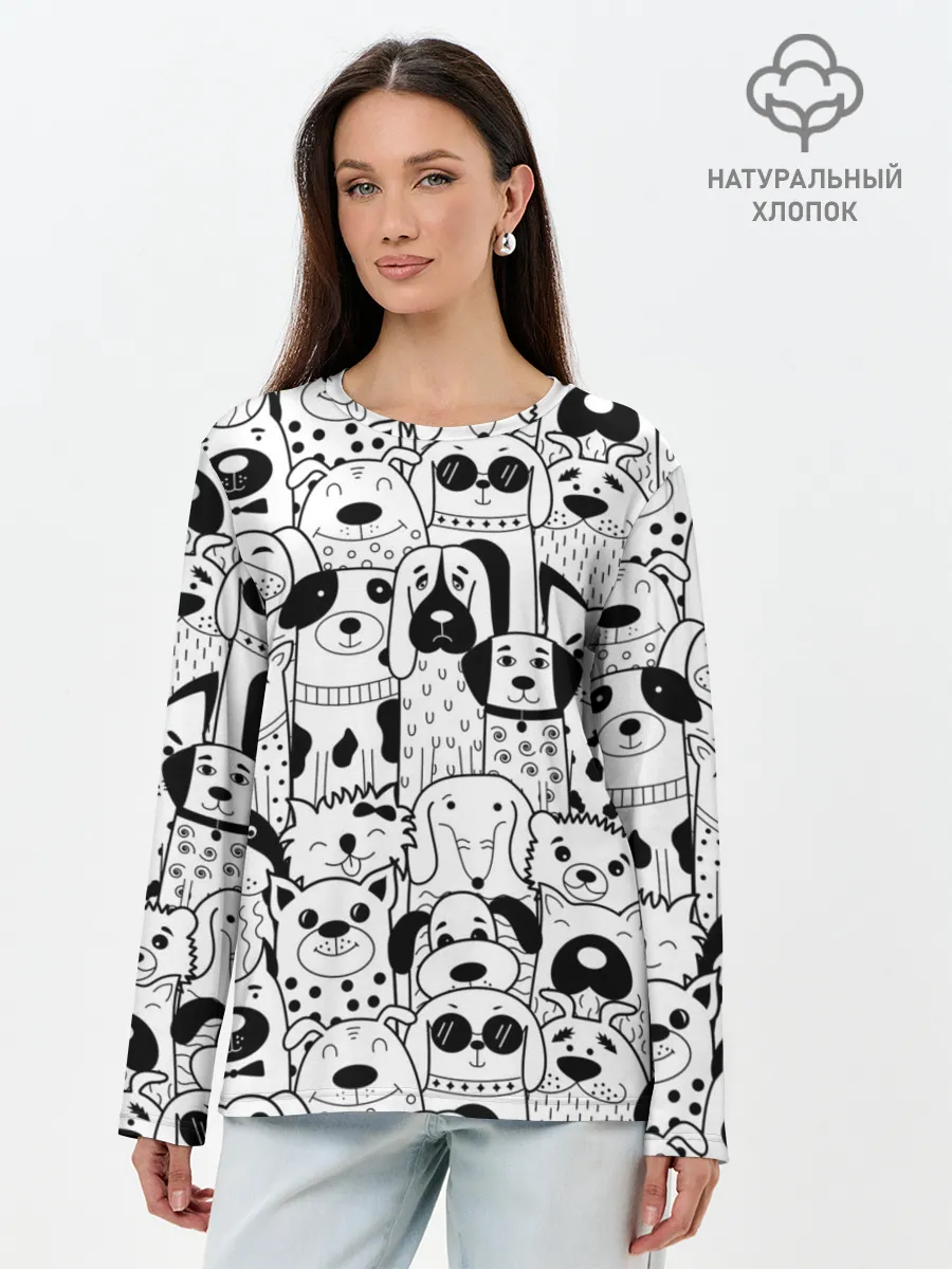 Лонгслив женский. Хлопок / Собаки черно-белое