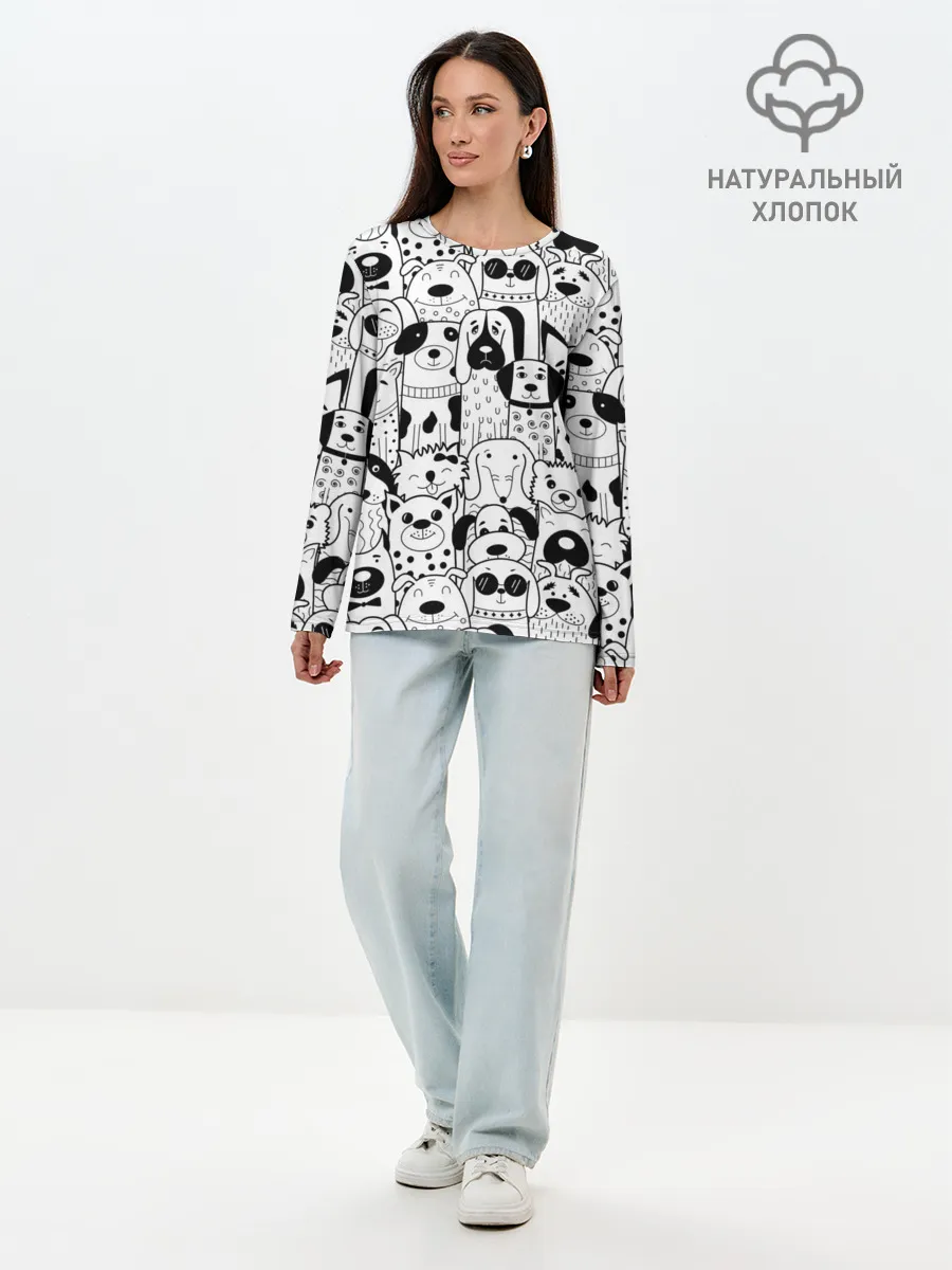 Лонгслив женский. Хлопок / Собаки черно-белое