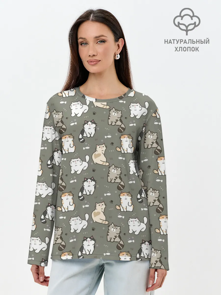 Лонгслив женский. Хлопок / Кошечки с рыбками