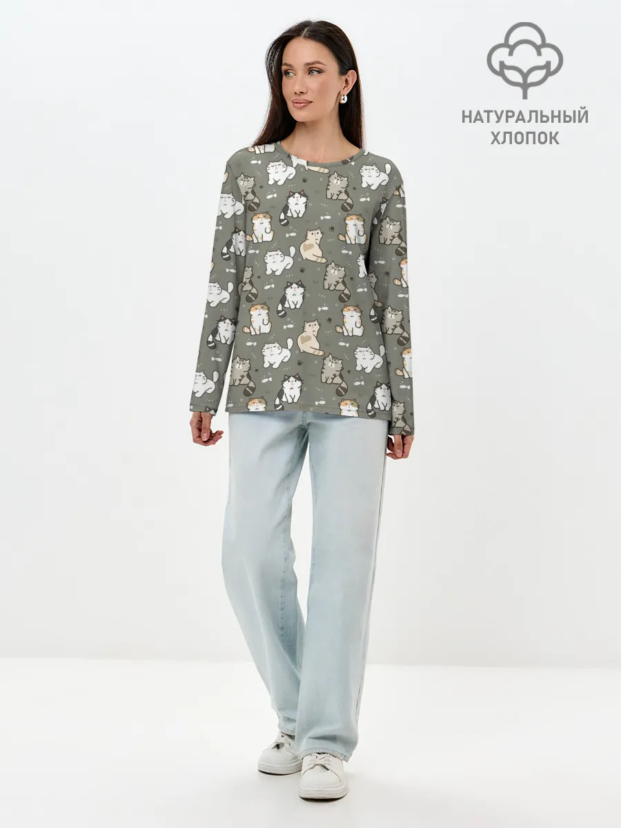 Лонгслив женский. Хлопок / Кошечки с рыбками