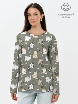 Лонгслив женский. Хлопок / Кошечки с рыбками