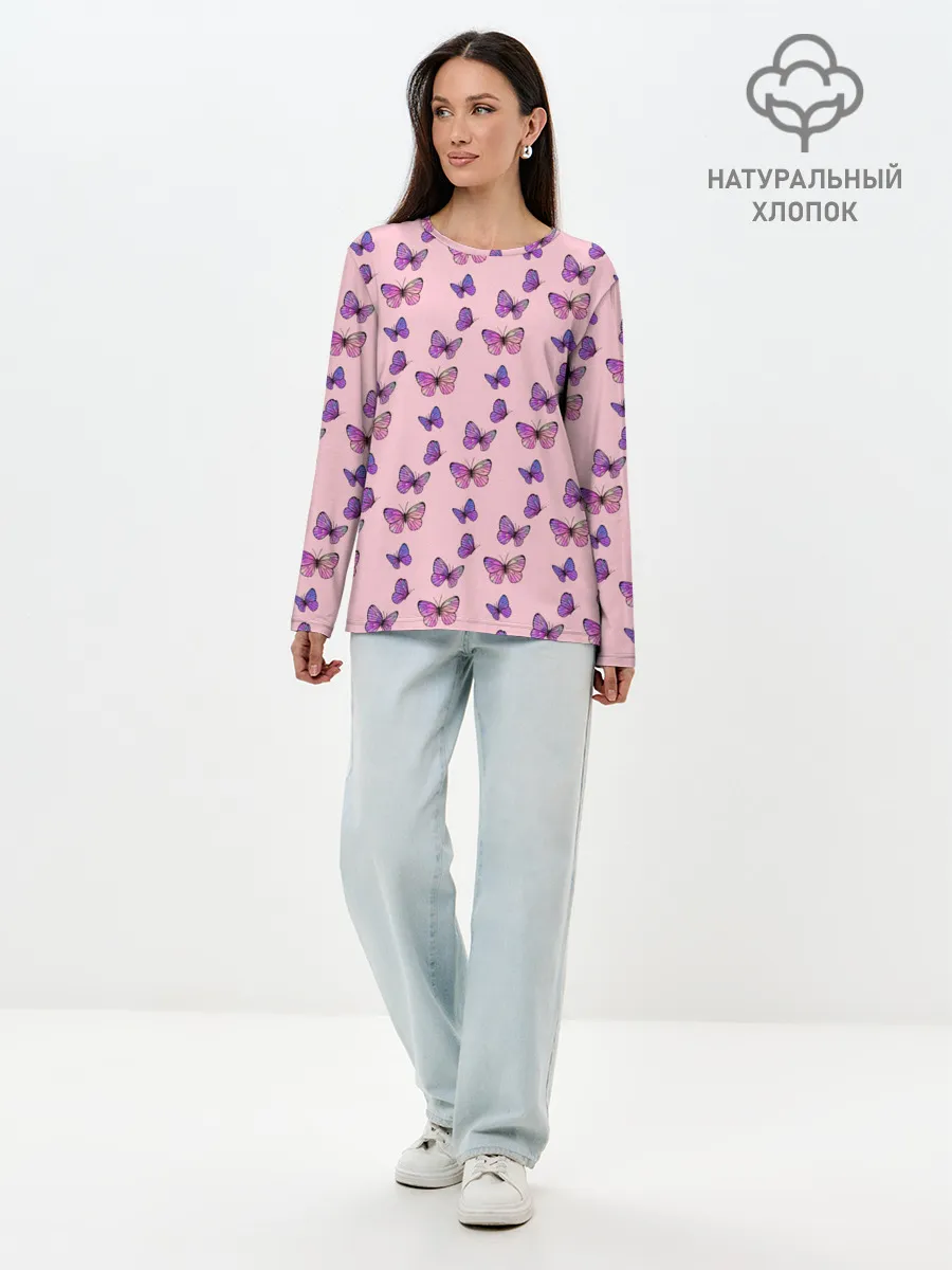 Лонгслив женский. Хлопок / Бабочки фиолетовые | 2