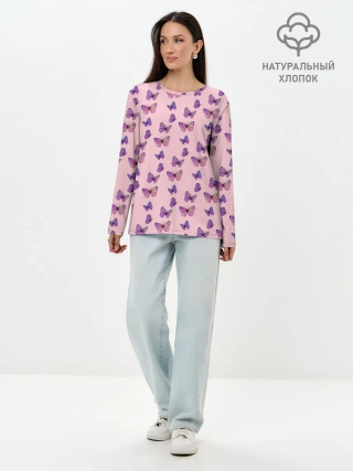 Лонгслив женский. Хлопок / Бабочки фиолетовые | 2