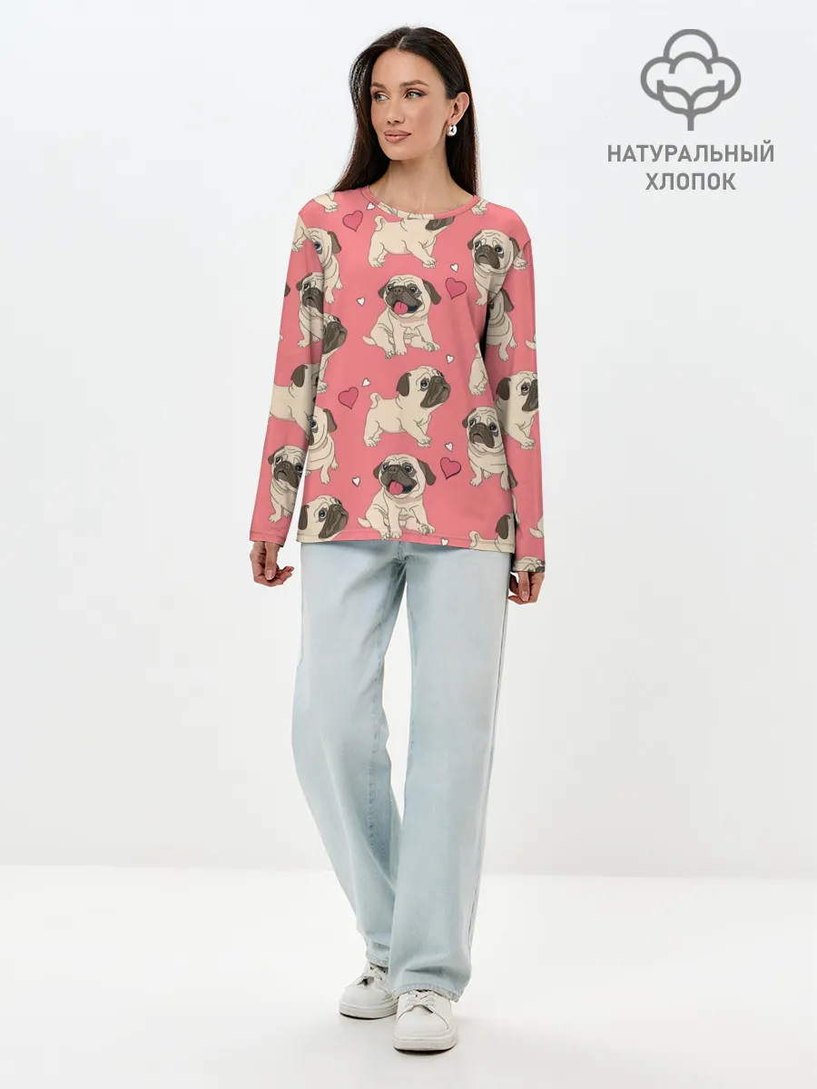 Лонгслив женский. Хлопок / Мопсики и Сердечки