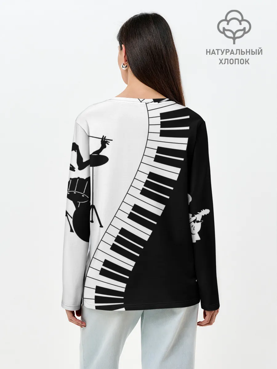 Лонгслив женский. Хлопок / Черно Белое пианино