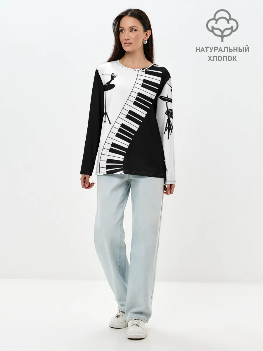Лонгслив женский. Хлопок / Черно Белое пианино