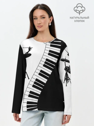 Лонгслив женский. Хлопок / Черно Белое пианино