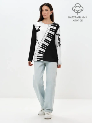 Лонгслив женский. Хлопок / Черно Белое пианино