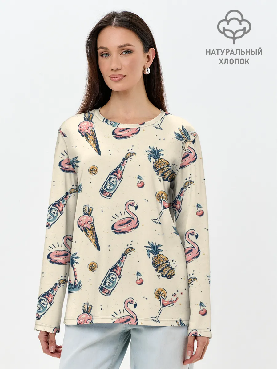 Лонгслив женский. Хлопок / Винтажный Гавайский Рисунок