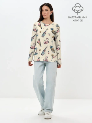 Лонгслив женский. Хлопок / Винтажный Гавайский Рисунок