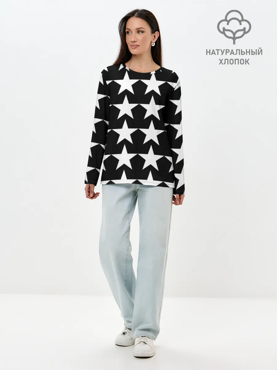 Лонгслив женский. Хлопок / Белые звёзды на чёрном фоне