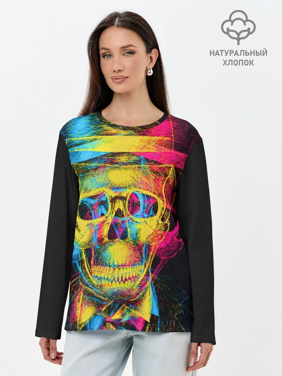 Лонгслив женский. Хлопок / Череп-анаглиф