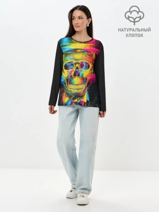 Лонгслив женский. Хлопок / Череп-анаглиф