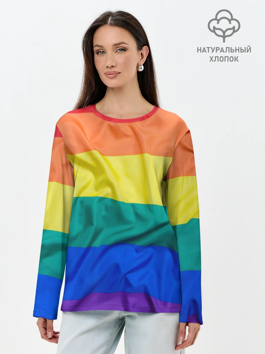 Лонгслив женский. Хлопок / Радуга - мятая ткань полотно