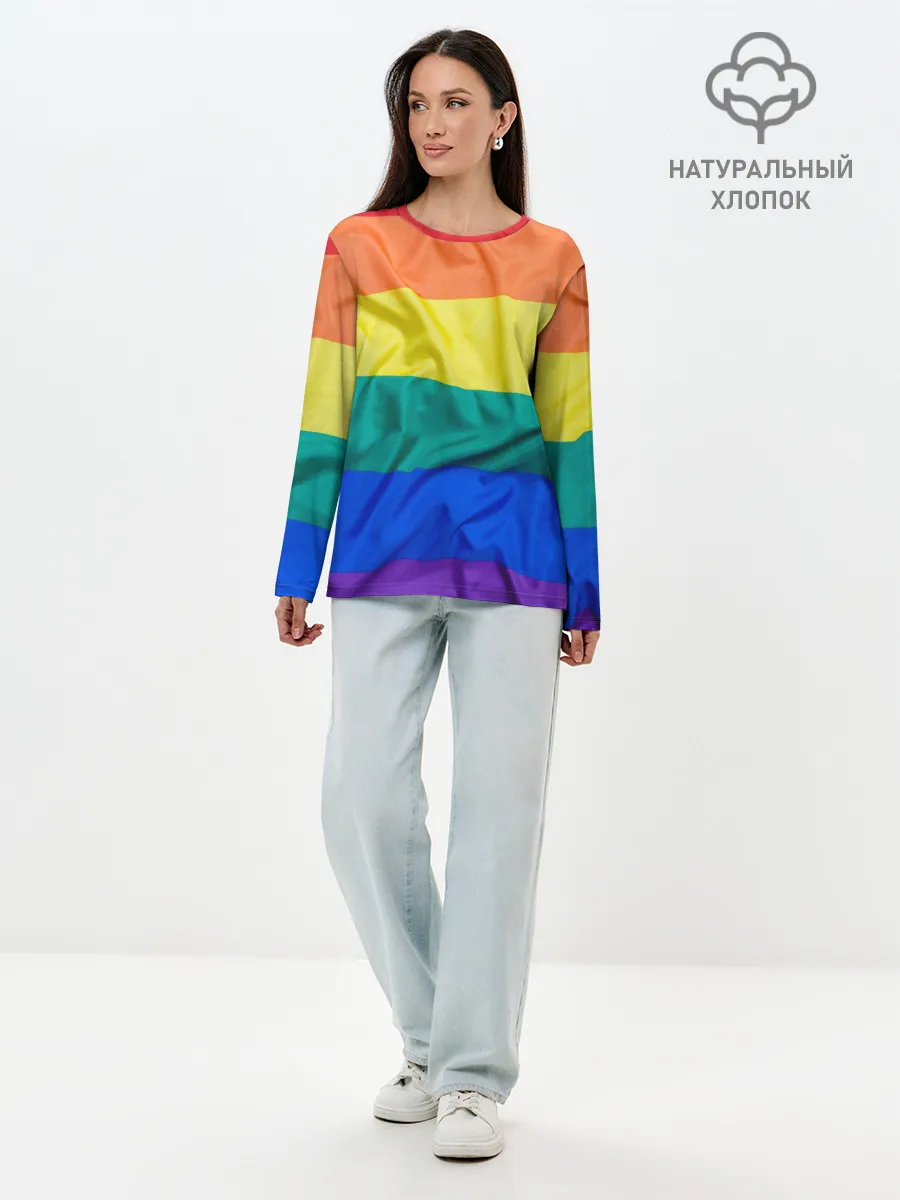 Лонгслив женский. Хлопок / Радуга - мятая ткань полотно