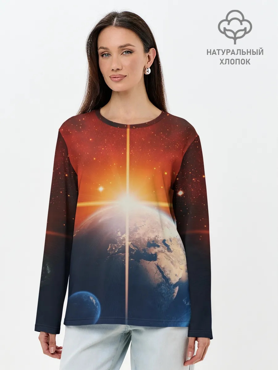 Лонгслив женский. Хлопок / Космос земля 3D