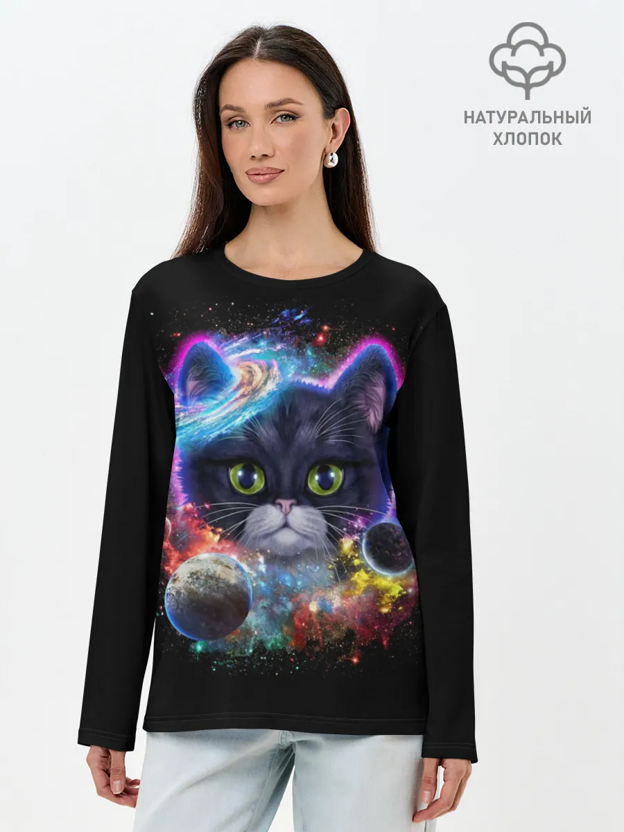 Лонгслив женский. Хлопок / Космический котик и планеты