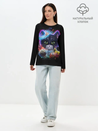 Лонгслив женский. Хлопок / Космический котик и планеты