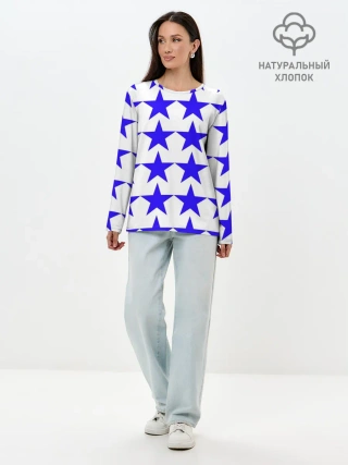 Лонгслив женский. Хлопок / Синие звёзды на белом фоне