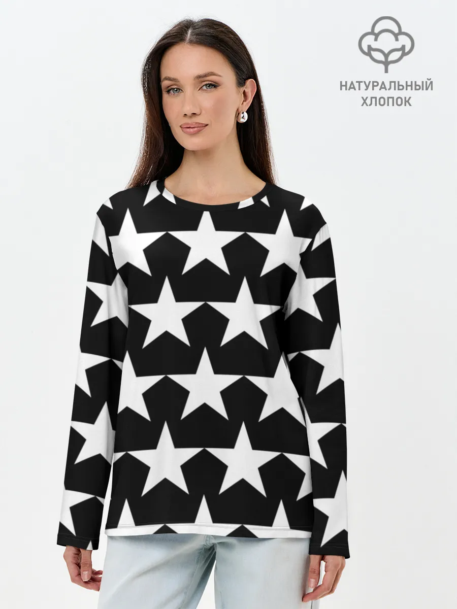 Лонгслив женский. Хлопок / Белые звёзды на чёрном фоне 2