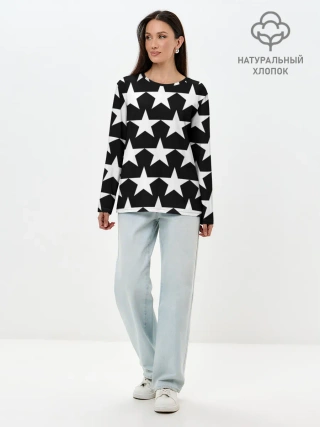 Лонгслив женский. Хлопок / Белые звёзды на чёрном фоне 2