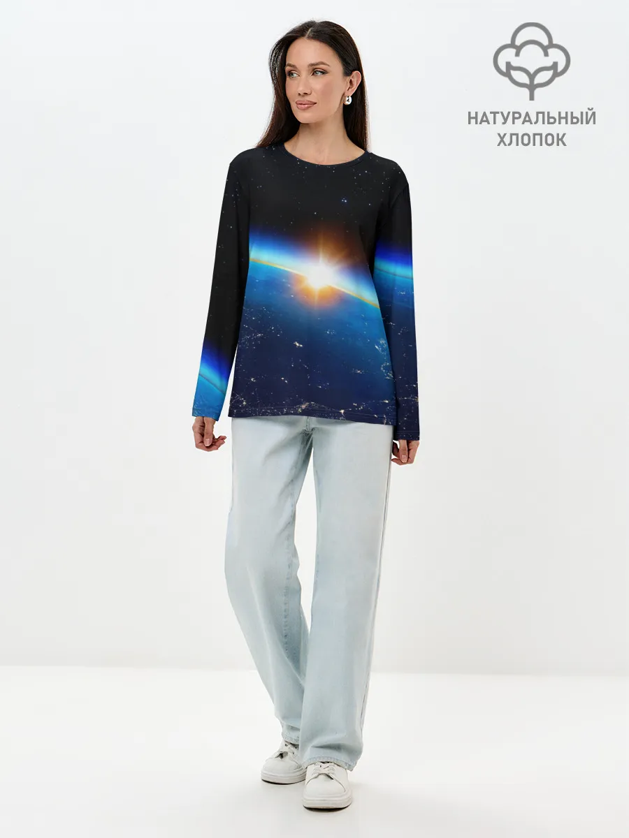 Лонгслив женский. Хлопок / КОСМИЧЕСКИЙ РАССВЕТ 3D