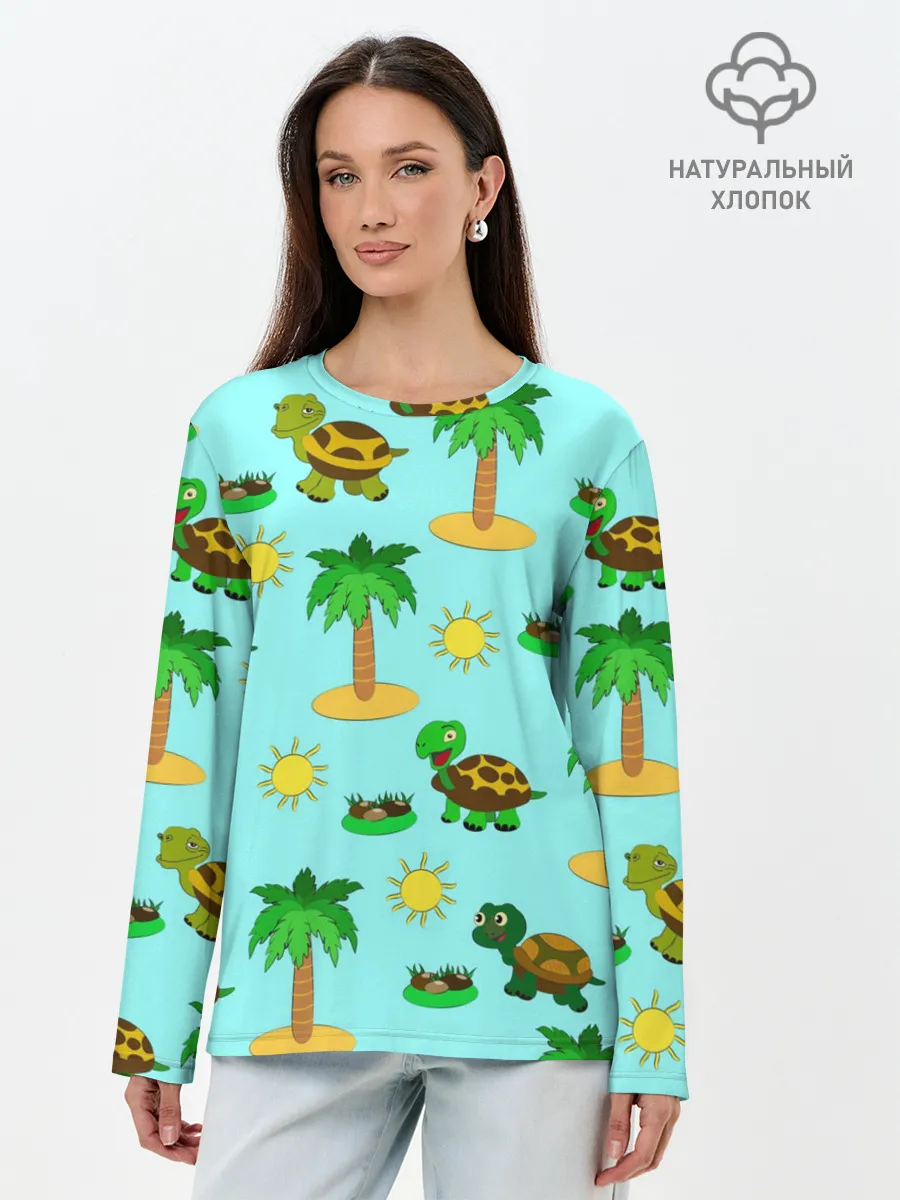 Лонгслив женский. Хлопок / черепашки и пальмы