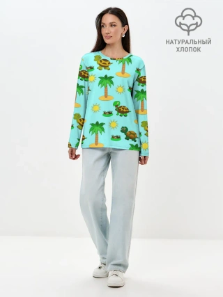 Лонгслив женский. Хлопок / черепашки и пальмы