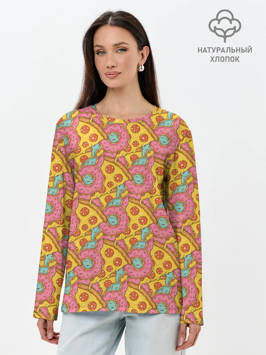 Лонгслив женский. Хлопок / Пицца и пончики