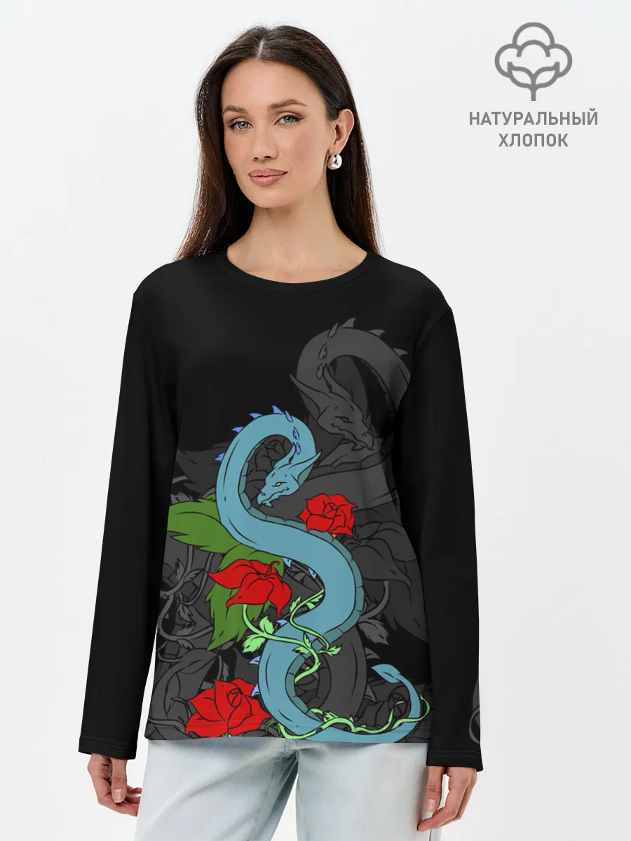 Лонгслив женский. Хлопок / Дракон и Розы