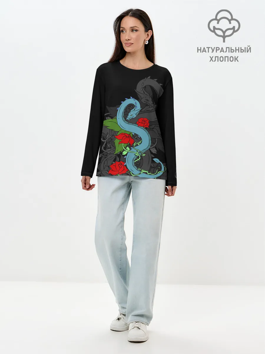 Лонгслив женский. Хлопок / Дракон и Розы