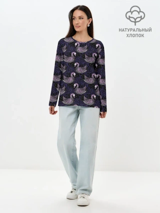 Лонгслив женский. Хлопок / Лебеди из бисера