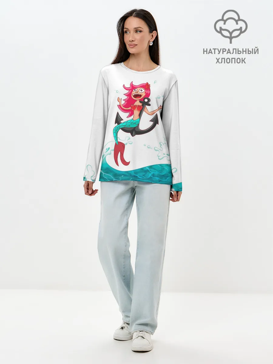Лонгслив женский. Хлопок / Русалка на якоре