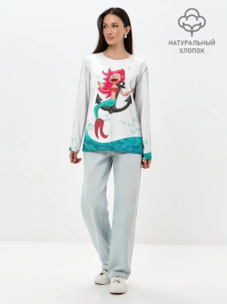 Лонгслив женский. Хлопок / Русалка на якоре