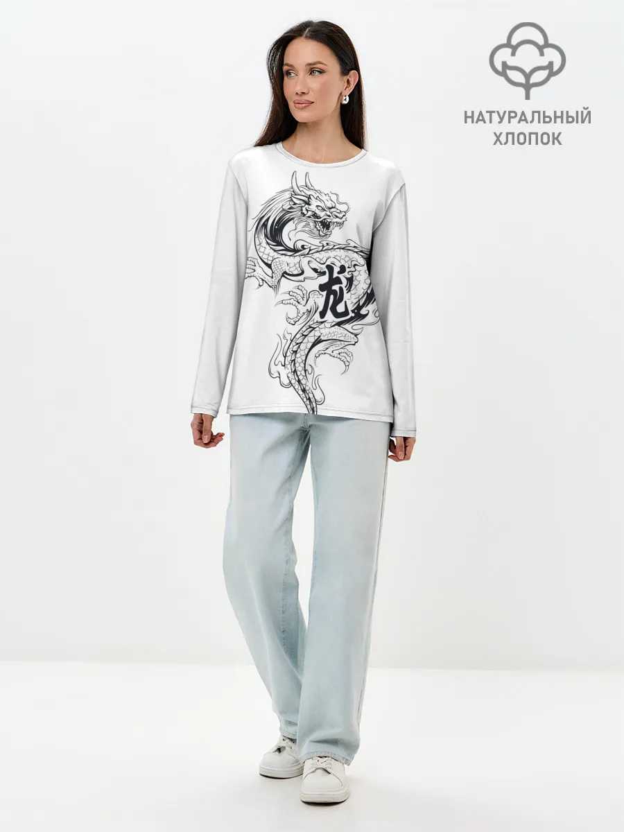 Лонгслив женский. Хлопок / Китайский дракон на белом фоне