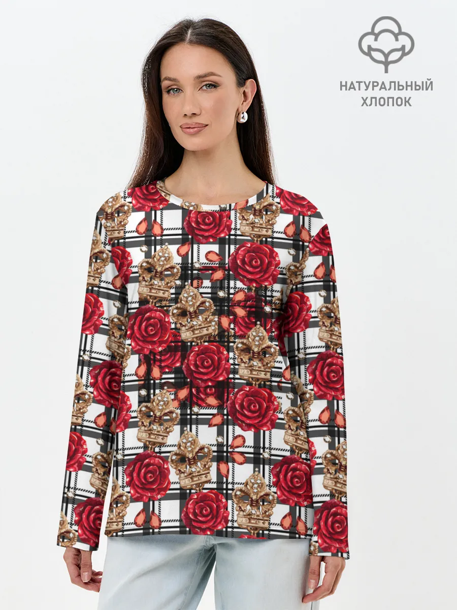 Лонгслив женский. Хлопок / Розы в клеточку