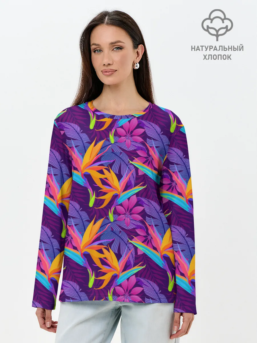 Лонгслив женский. Хлопок / Тропические листья