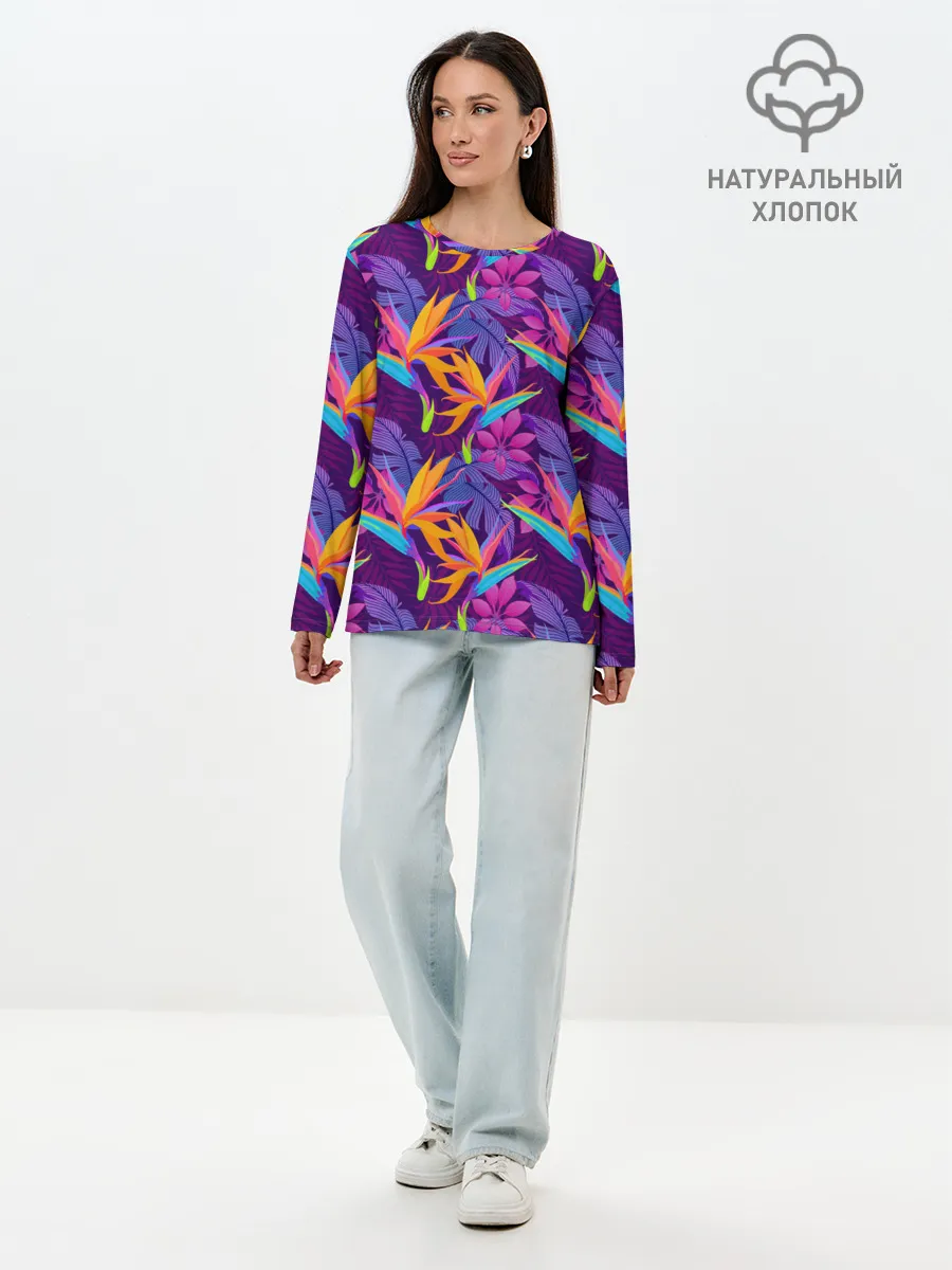 Лонгслив женский. Хлопок / Тропические листья