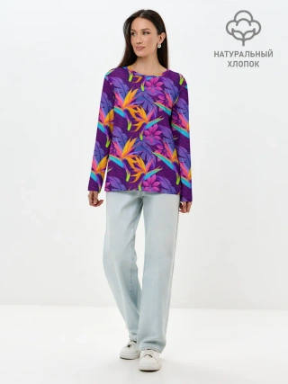 Лонгслив женский. Хлопок / Тропические листья
