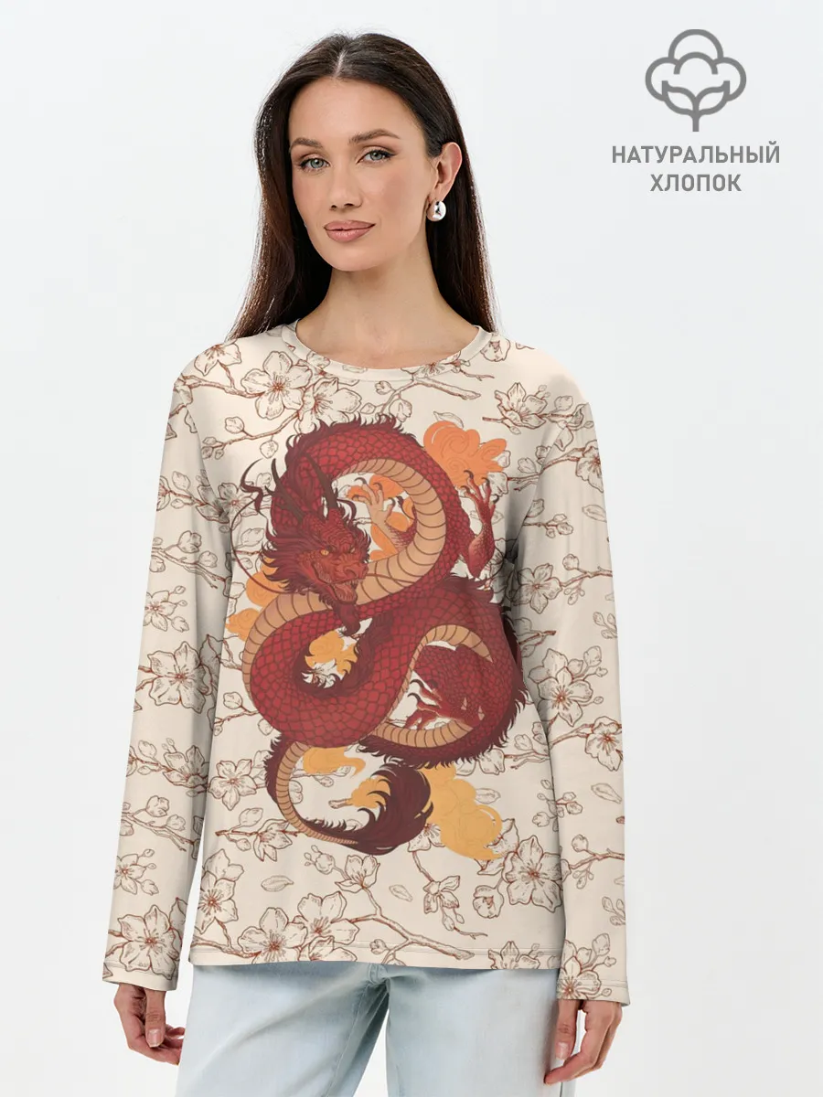 Лонгслив женский. Хлопок / Китайский Дракон и Сакура