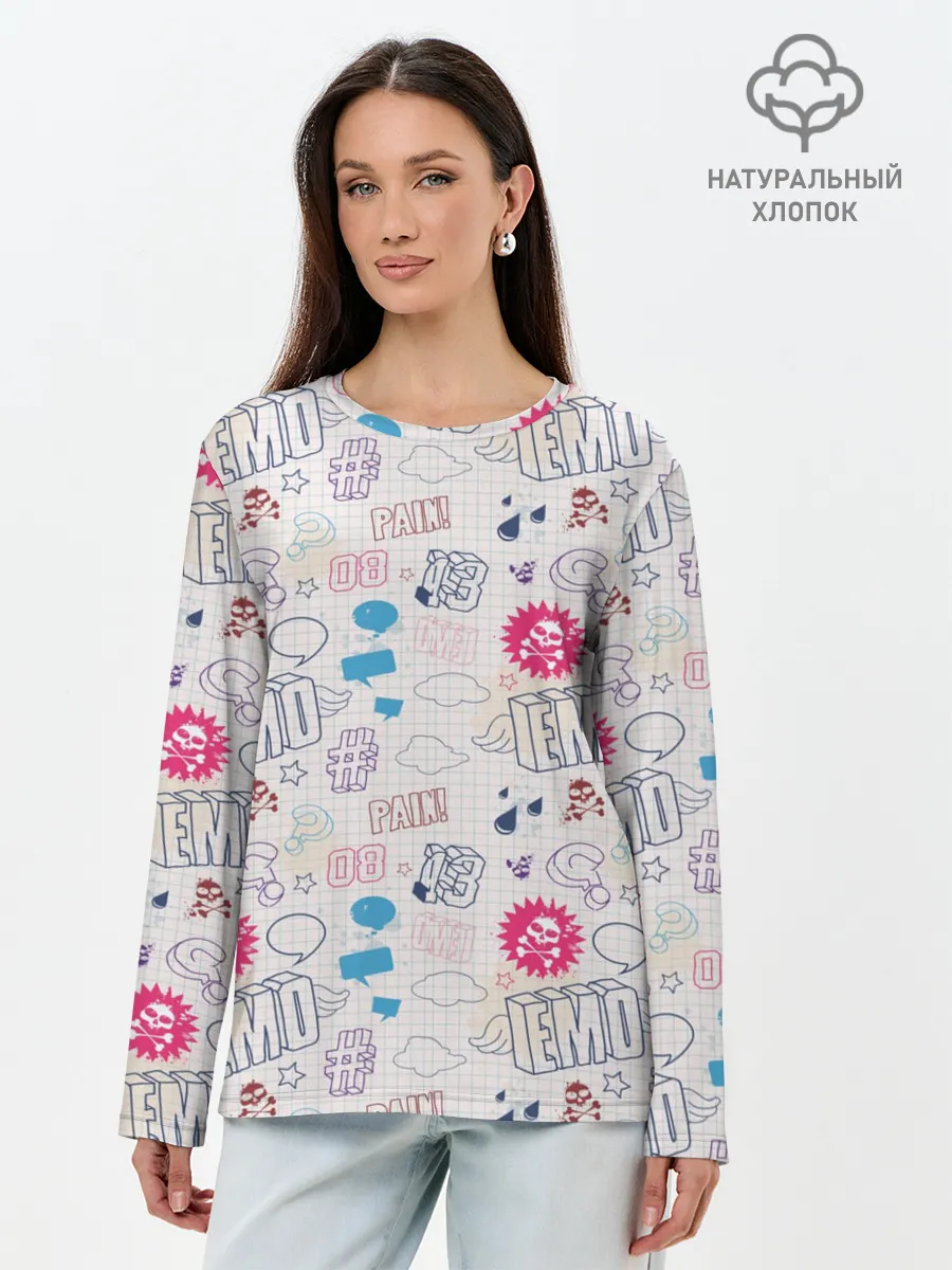 Лонгслив женский. Хлопок / Граффити-школьная тетрадь