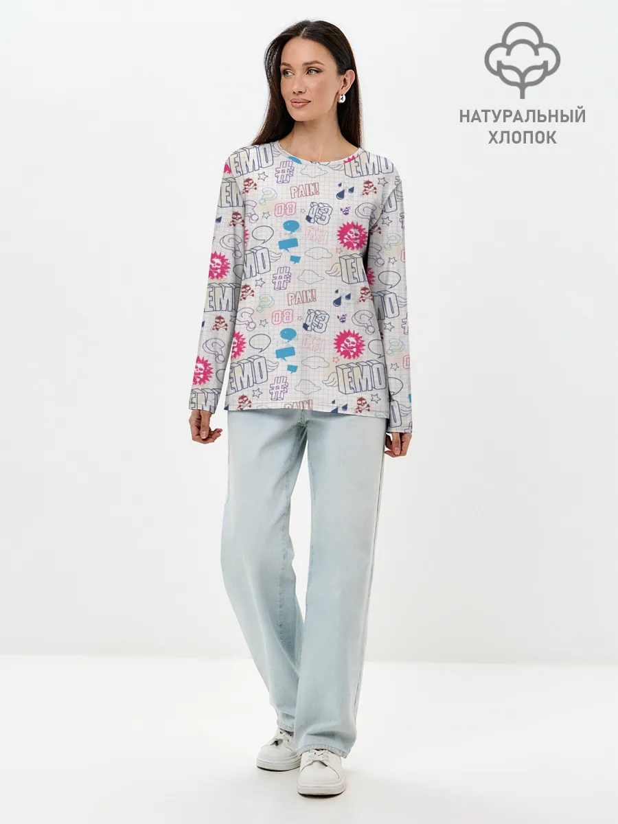 Лонгслив женский. Хлопок / Граффити-школьная тетрадь