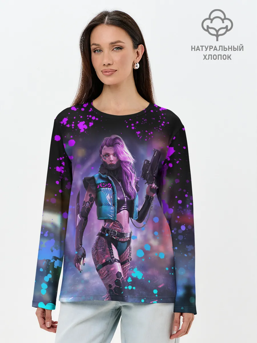 Лонгслив женский. Хлопок / CYBERPUNK 2077 NEON | КИБЕРПАНК НЕОН